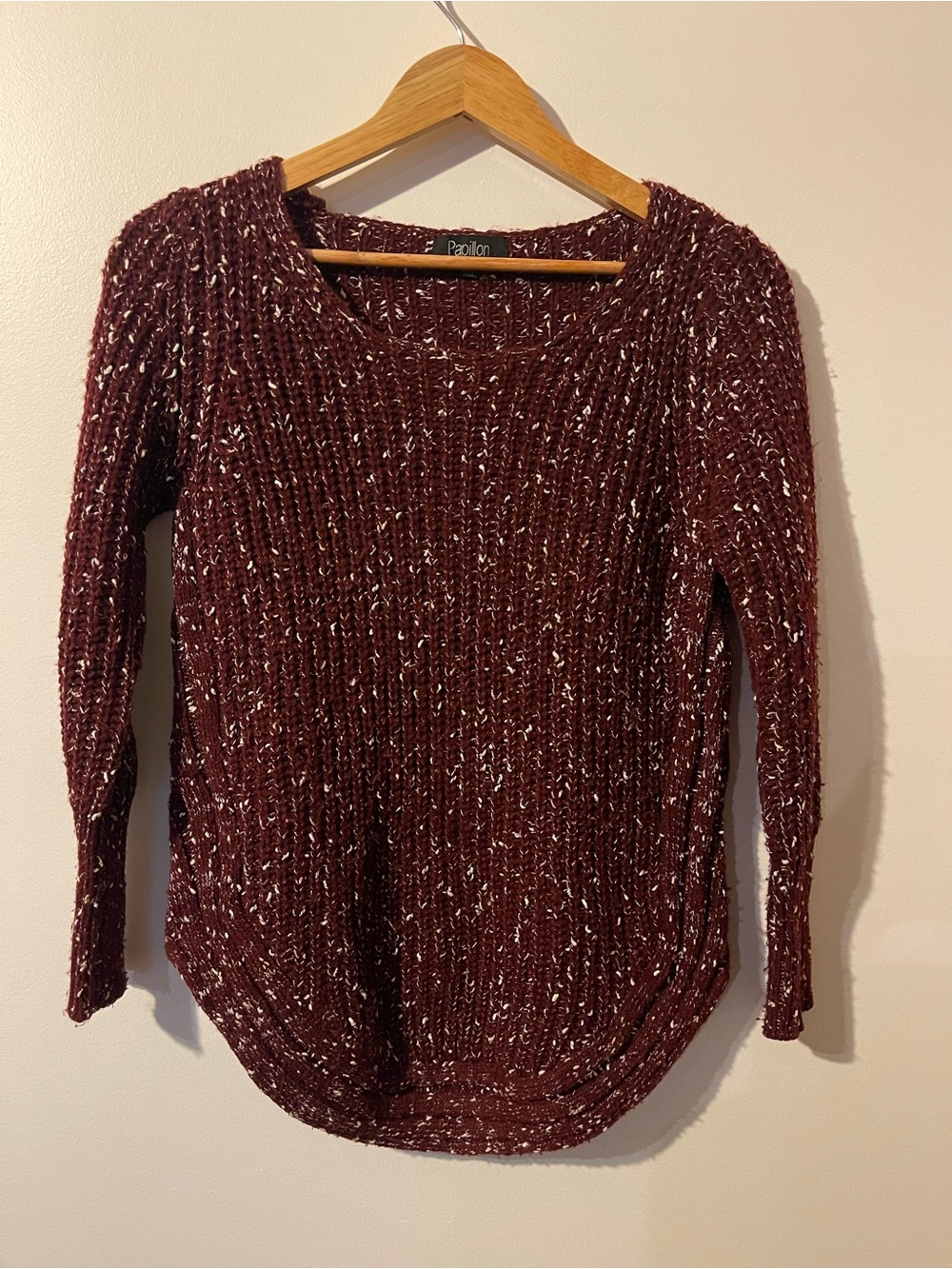 Papillon Marled Chunky Open Knit Curved Hem Sweater Burgundy Red Small